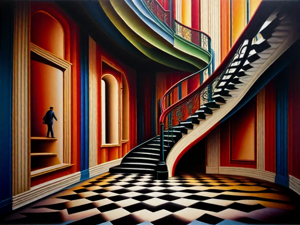 Tema: Técnicas para Criar Ilusões Ópticas em Pinturas

Descrição: Uma pintura hipnotizante retratando uma escadaria sinuosa que parece desafiar a gravidade. O artista habilmente utiliza sombreamento e perspectiva para criar a ilusão de profundidade, fazendo com que as escadas pareçam torcer e virar de maneira impossível. As cores vibrantes e