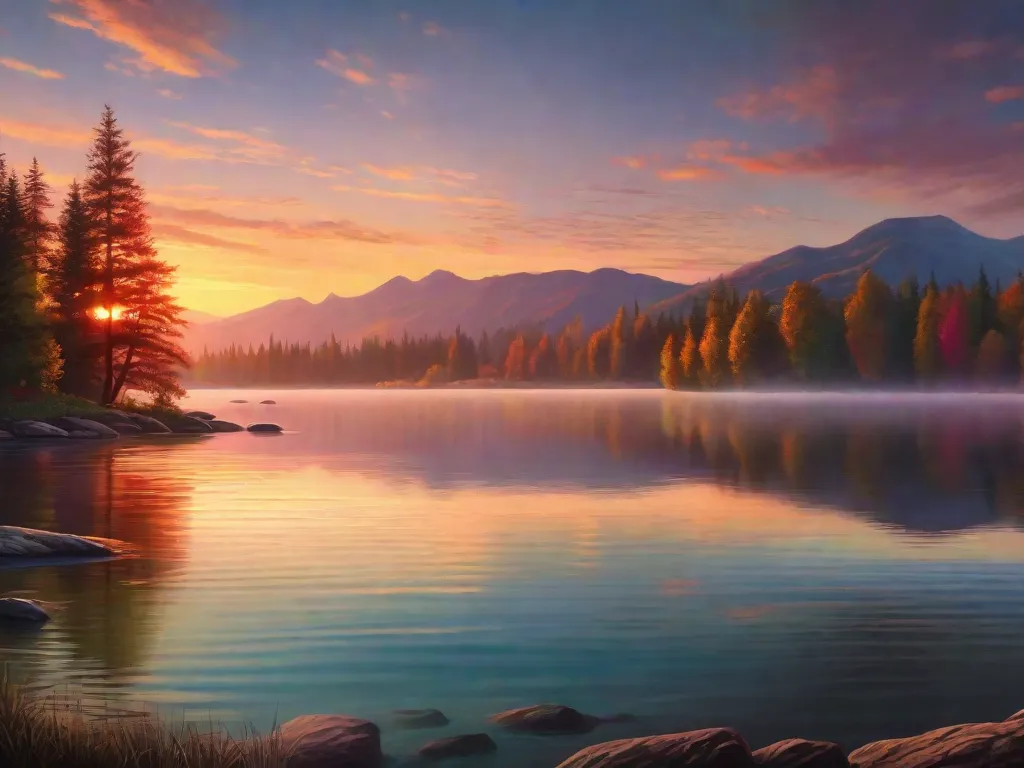 Descrição: Uma pintura deslumbrante de um lago sereno ao pôr do sol. A água reflete as cores vibrantes do céu, criando um efeito realista e hipnotizante. O artista captura habilmente as sutis ondulações e reflexos, mostrando sua maestria em pintar água de maneira realista.