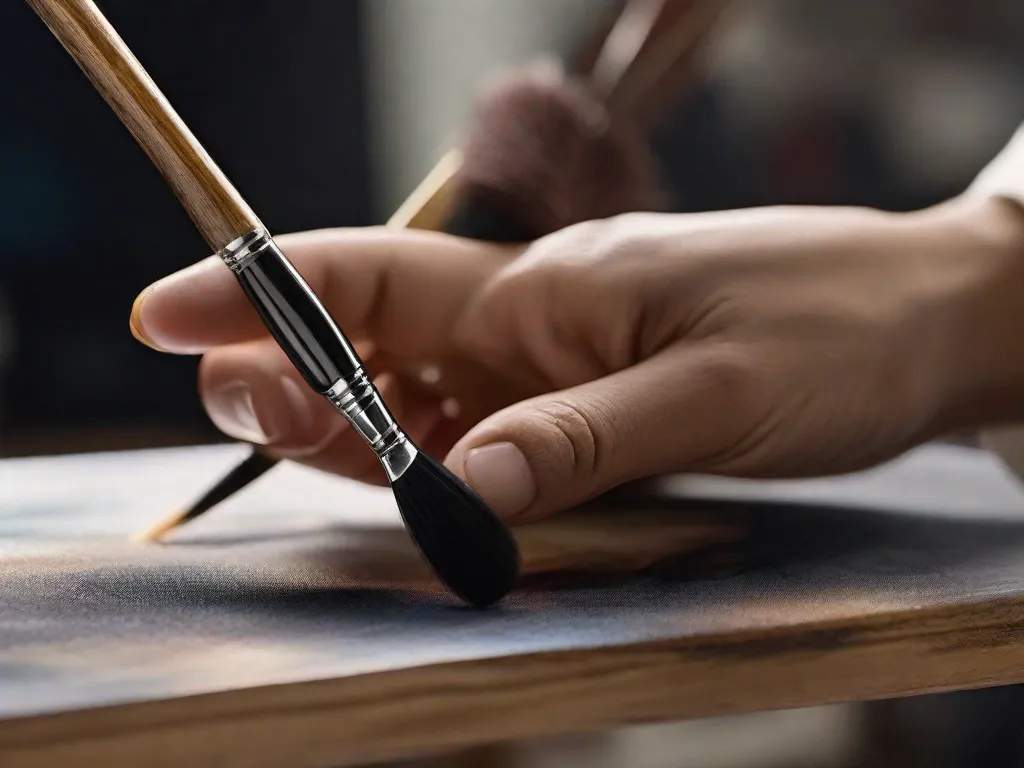 Descrição: Uma imagem em close-up da mão de um artista segurando um pincel, aplicando delicadamente camadas de tons escuros e claros em uma tela. A expressão concentrada do artista e os detalhes intricados das pinceladas capturam a essência de aprimorar a habilidade de pintar sombras realistas.
