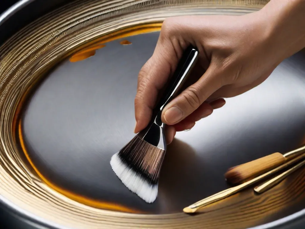 Tema: Técnicas de Pintura em Metal

Descrição da Imagem: Um close-up de uma mão habilidosa de um artista segurando um pincel mergulhado em tinta metálica. O pincel desliza suavemente sobre uma superfície de metal, criando padrões e desenhos intricados. As cores vibrantes da tinta refletem lindamente sob a luz, adicionando um