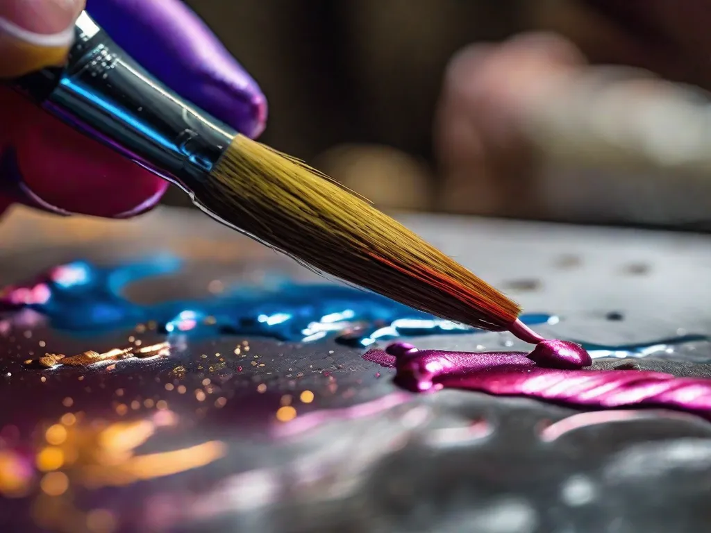 Tema: Técnicas de Pintura em Metal

Descrição da Imagem: Um close-up da mão habilidosa de um artista segurando um pequeno pincel, aplicando delicadamente tinta metálica vibrante em uma superfície de metal. A expressão concentrada do artista e a precisão de seus traços com o pincel destacam a meticulosidade e a expertise necessárias nas técnicas de pintura