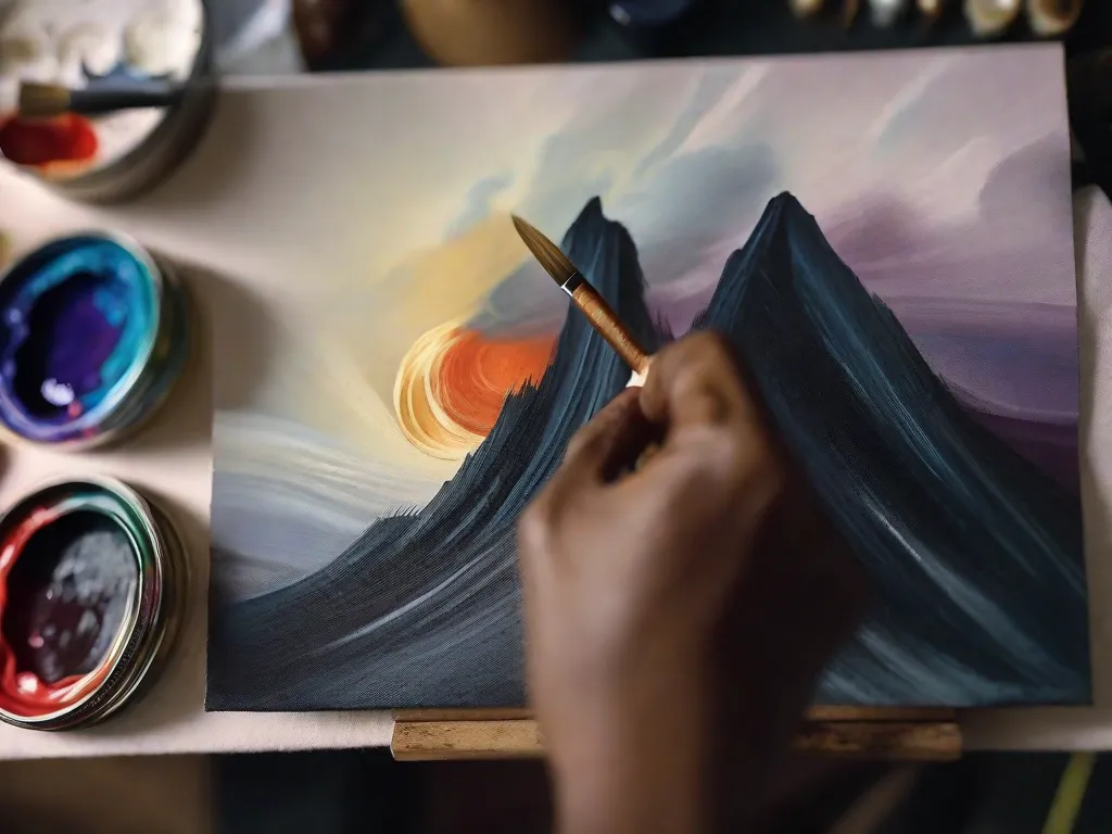 Descrição: Uma foto em close-up da mão de um artista segurando um pincel, aplicando delicadamente tons escuros de tinta a óleo em uma tela. A mão do artista projeta uma sombra, criando um belo contraste com as cores vibrantes na paleta e a superfície texturizada da obra em progresso.