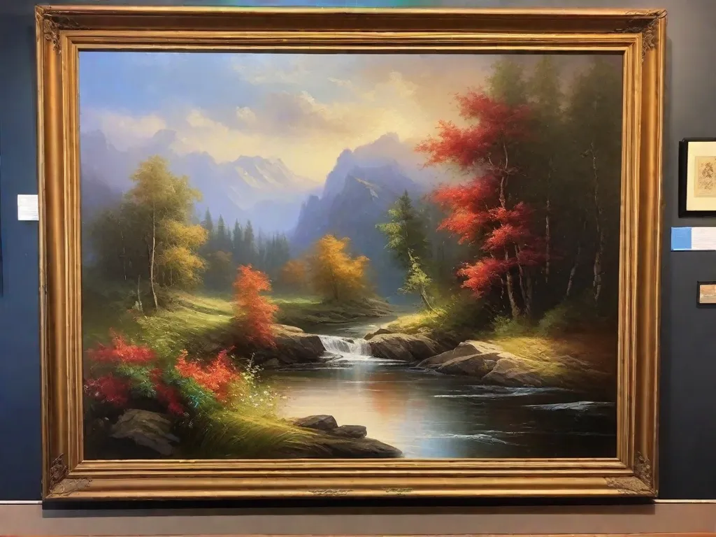 Descrição da Imagem: Um close-up de uma pintura a óleo bem preservada pendurada em uma parede. As cores vibrantes e os traços intricados do pincel mostram a habilidade do artista e a beleza da obra de arte. A pintura é protegida por uma moldura de vidro, garantindo sua longevidade e evitando danos causados por poeira ou umidade.