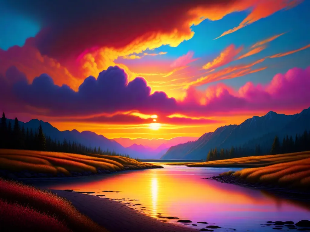 Descrição: Uma deslumbrante pintura de paisagem capturando a beleza de um céu colorido ao pôr do sol. O céu está repleto de tons vibrantes de laranja, rosa e roxo, criando um cenário de tirar o fôlego para nuvens brancas e fofas. O artista habilmente mescla as cores para criar uma transição perfeita do horizonte ao