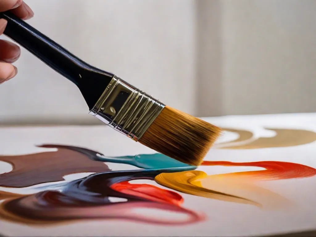 Descrição: Uma imagem em close-up da mão de um artista segurando um pincel, delicadamente aplicando camadas de tinta a óleo escura e rica em uma tela. A mão do artista projeta uma sombra sobre a tela, criando um belo contraste entre luz e escuridão, destacando a arte de trabalhar com sombras em pinturas a óleo.