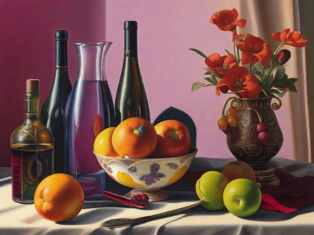 Descrição: Uma imagem que mostra uma pintura de natureza morta com cores vibrantes e detalhes intrincados. O jogo de luz e sombras cria uma sensação de profundidade e realismo na obra de arte. O artista habilmente utiliza várias tonalidades para capturar os sutis nuances das sombras, adicionando dimensão e interesse visual à composição.
