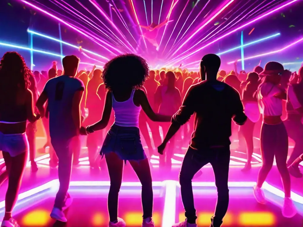 Uma imagem vibrante de uma pista de dança lotada em um festival de música, iluminada por luzes neon pulsantes. Jovens de diferentes origens estão imersos na música, seus corpos se movendo em sincronia com as batidas contagiantes. A imagem captura a energia e a união que a música eletrônica traz para a cultura jovem.