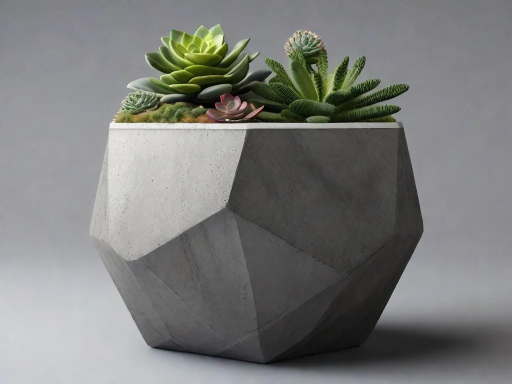 Descrição: Uma imagem em close-up de um vaso de concreto geométrico moderno, mostrando a textura única e robustez do material. O vaso está cheio de plantas suculentas vibrantes, adicionando um toque de verde e vida ao design minimalista.