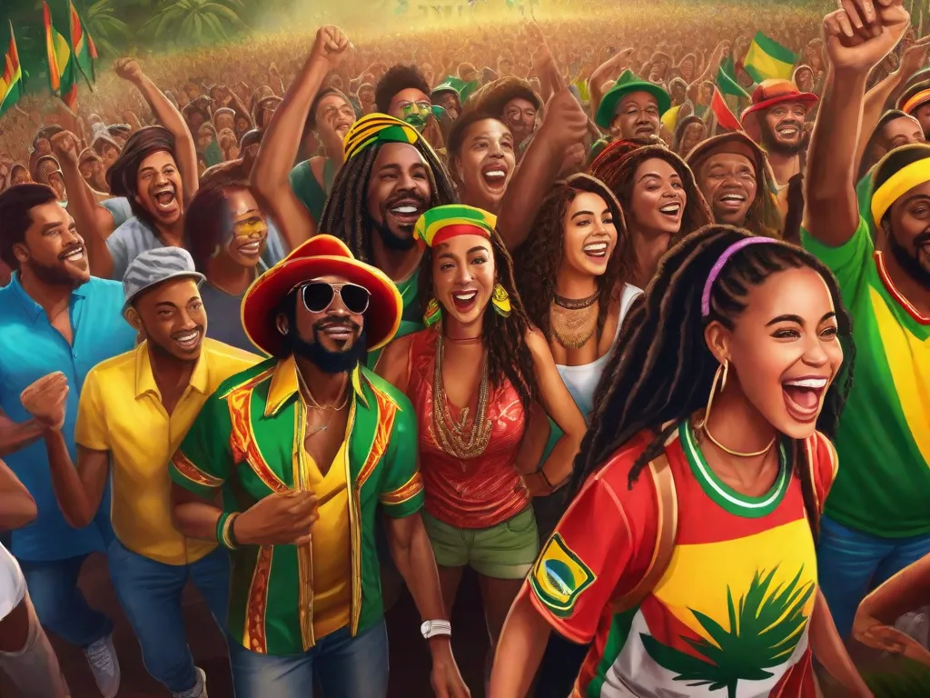 Uma imagem vibrante de uma multidão em um show de reggae no Brasil, com pessoas de todas as idades e origens se reunindo para desfrutar da música. O ambiente está cheio de energia positiva, enquanto o público balança ao ritmo e abraça a importância cultural do reggae no Brasil.