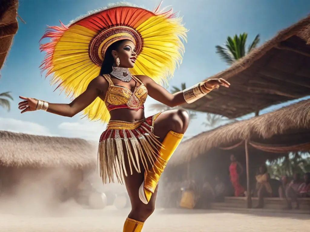 Descrição: Uma imagem vibrante mostrando um grupo de músicos tocando instrumentos tradicionais africanos, como tambores djembe e kora. Suas roupas coloridas refletem a rica herança cultural da África, enquanto o ritmo e as melodias que eles criam ressoam com a paisagem brasileira, simbolizando a poderosa influência da música africana na cultura brasileira.