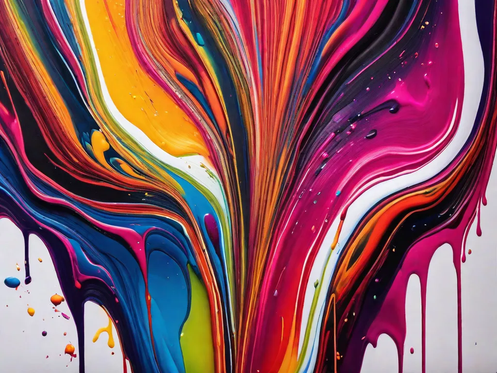 Descrição da imagem: Uma fotografia em close-up de uma tela coberta por respingos vibrantes e abstratos de tinta colorida. A tinta escorre pela tela em várias direções, criando um efeito visual energético e dinâmico. A combinação de tons audaciosos e respingos fluidos destaca a técnica artística de respingar, adicionando um toque único e expressivo à obra de arte.
