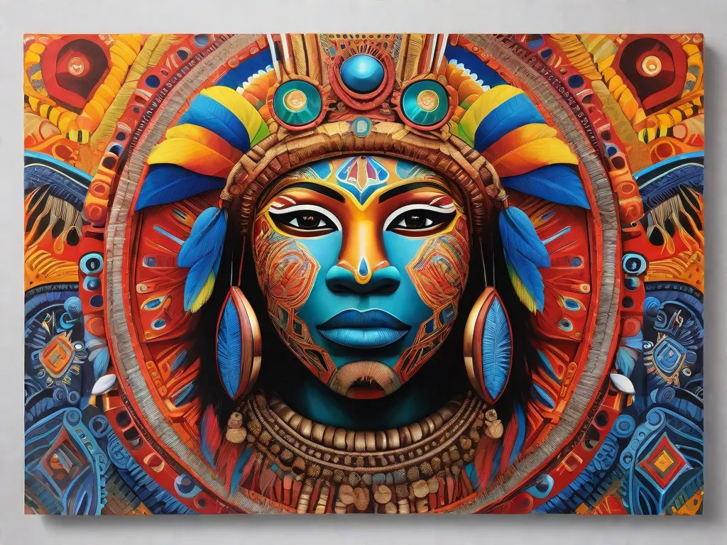 Uma pintura vibrante retrata uma fascinante fusão de símbolos tradicionais indígenas brasileiros e técnicas artísticas contemporâneas. Cores ousadas e padrões intricados se entrelaçam, simbolizando o ressurgimento e a reivindicação da cultura indígena na cena artística brasileira. A obra de arte é uma poderosa celebração da rica herança e resili