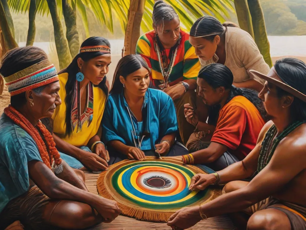 Uma pintura vibrante que retrata um grupo de artistas indígenas reunidos ao redor de uma tela, habilmente mesclando técnicas tradicionais e contemporâneas. Sua obra colorida destaca a rica herança cultural das comunidades indígenas no Brasil, simbolizando o ressurgimento e a revitalização da cultura indígena na cena artística do país.