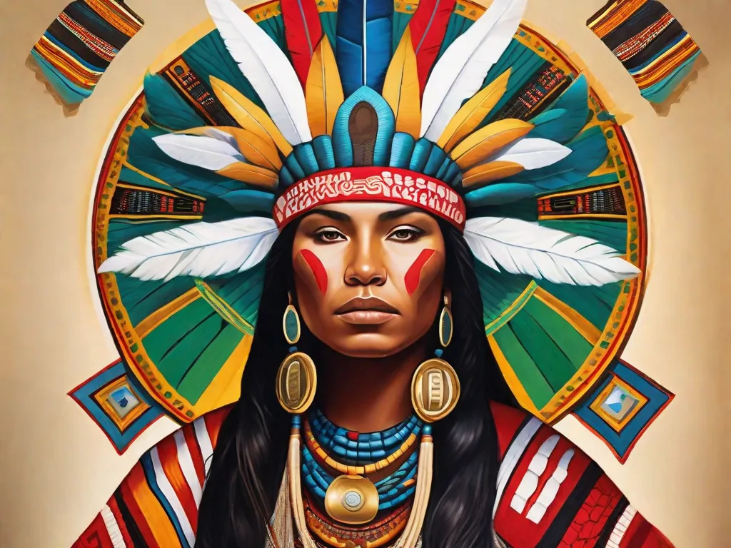 Uma pintura vibrante retrata uma fascinante fusão de símbolos tradicionais indígenas brasileiros e técnicas artísticas contemporâneas. Cores ousadas e padrões intricados se entrelaçam, simbolizando o ressurgimento e a reivindicação da cultura indígena na cena artística brasileira. A obra de arte é uma poderosa celebração da rica herança e resili