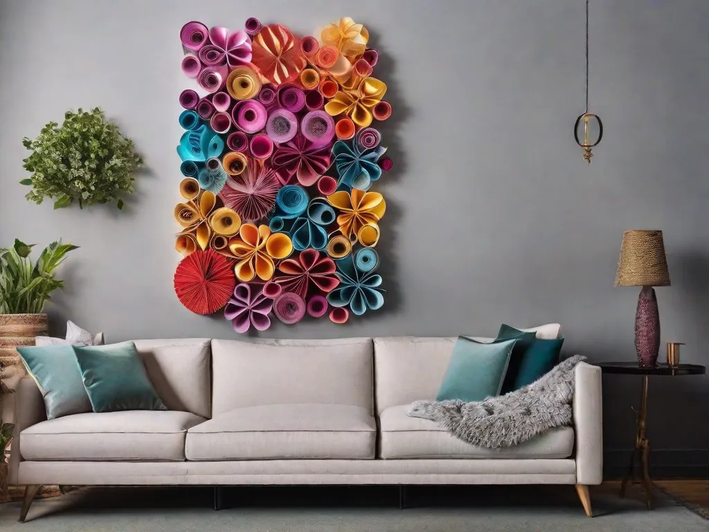 Descrição: Uma imagem cativante que mostra uma variedade de arte em parede colorida e intrincadamente projetada feita a partir de rolos de papel reciclado. As peças de arte são habilmente criadas, formando padrões e formas únicas que adicionam um toque de elegância e criatividade a qualquer espaço de convivência.