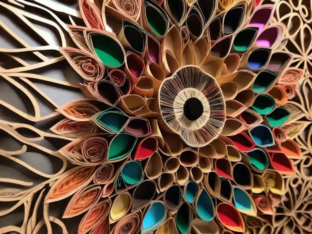 Descrição: Uma imagem cativante que mostra uma variedade de arte em parede colorida e intrincadamente projetada feita a partir de rolos de papel reciclado. As peças de arte são habilmente criadas, formando padrões e formas únicas que adicionam um toque de elegância e criatividade a qualquer espaço de convivência.
