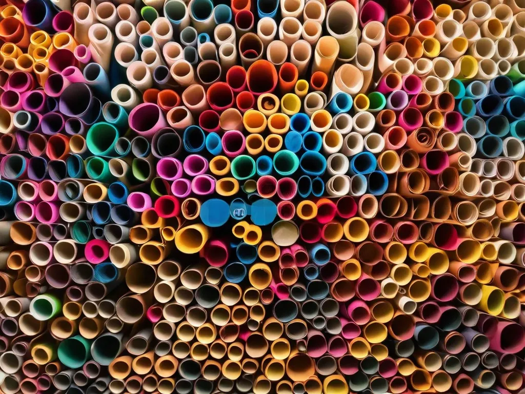 Descrição: Uma imagem em close-up mostrando uma arte de parede criativa feita a partir de rolos de papel reciclado. A peça de arte apresenta vários rolos de papel de tamanhos e cores diferentes, dispostos de forma intricada para formar um padrão visualmente deslumbrante e único. As superfícies texturizadas e as cores vibrantes adicionam profundidade e caráter à composição geral.