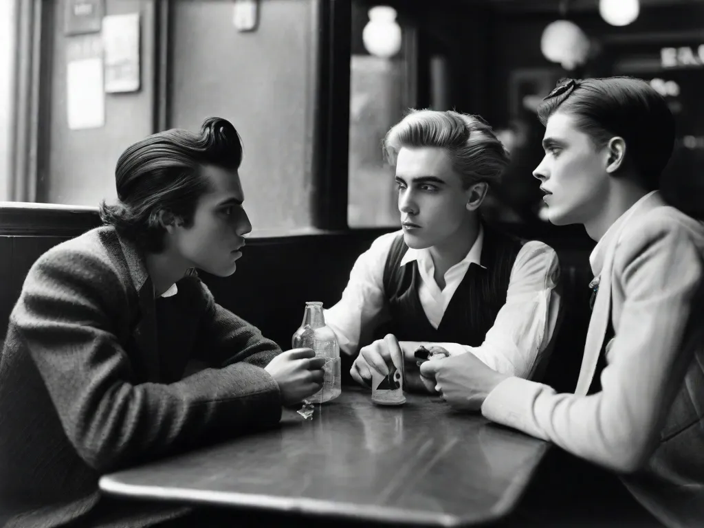 Uma fotografia em preto e branco captura um grupo de jovens artistas sentados ao redor de uma mesa em um café pouco iluminado. Eles estão vestidos com moda avant-garde, fumando cigarros e participando de discussões apaixonadas. A imagem exala uma atmosfera de rebeldia e fervor intelectual, incorporando o espírito do movimento Modernista dos anos 1930 no Brasil.