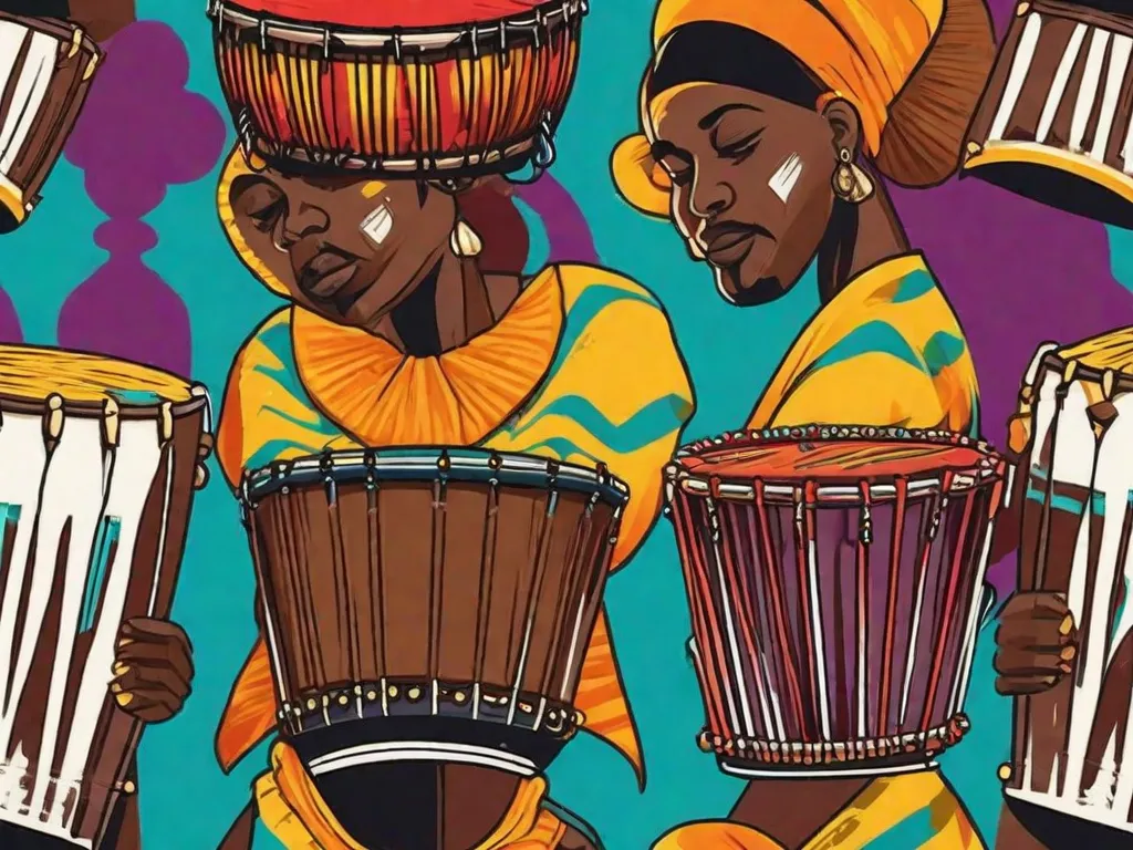 Uma imagem vibrante mostrando um grupo de músicos afro-brasileiros tocando instrumentos tradicionais, cercados por obras de arte coloridas retratando os Orixás, divindades da religião afro-brasileira. A energia e paixão dos músicos pela sua cultura irradiam através da música, enquanto as obras de arte representam a rica herança espiritual e artística da cultura afro-brasileira.