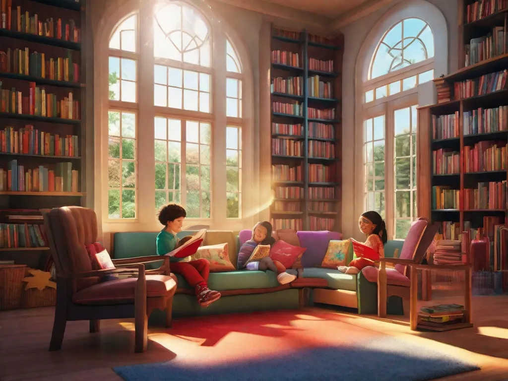 Descrição da imagem: Uma biblioteca colorida e vibrante, cheia de prateleiras de livros. Um grupo de crianças, com sorrisos largos em seus rostos, está sentado em um tapete colorido no centro da sala. Eles estão cercados por livros, folheando as páginas com entusiasmo e compartilhando sua empolgação uns com os outros. O ambiente está cheio de aleg