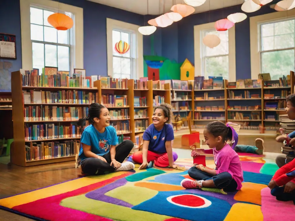 Descrição da imagem: Uma biblioteca colorida e vibrante, cheia de prateleiras de livros. Um grupo de crianças, com sorrisos largos em seus rostos, está sentado em um tapete colorido no centro da sala. Eles estão cercados por livros, folheando as páginas com entusiasmo e compartilhando sua empolgação uns com os outros. O ambiente está cheio de aleg