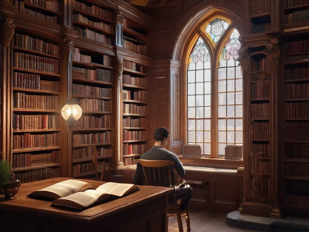 Descrição da Imagem: Uma pessoa sentada em um canto aconchegante de uma biblioteca, cercada por prateleiras cheias de livros antigos. A pessoa está absorta na leitura de uma Bíblia, com uma expressão serena no rosto. A luz suave de uma janela próxima ilumina as páginas, criando uma atmosfera tranquila.
