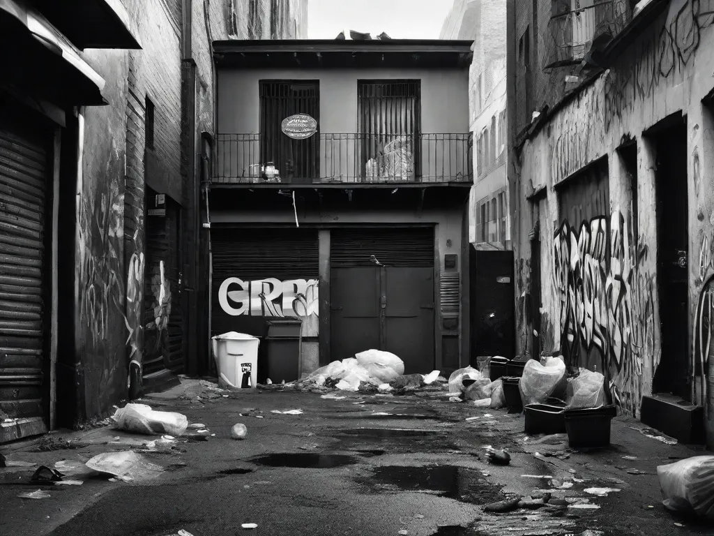Uma fotografia em preto e branco que mostra os elementos contrastantes do realismo urbano em 