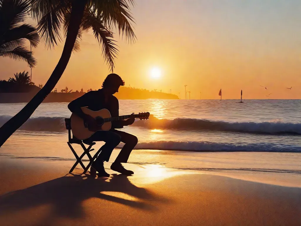 Uma imagem vibrante de músicos tocando diversos instrumentos, com um cenário de palmeiras e uma praia. Os músicos estão imersos nos sons rítmicos e melódicos da Bossa Nova, criando uma atmosfera animada e cativante. A imagem captura a essência desse icônico gênero musical brasileiro e sua influência global.