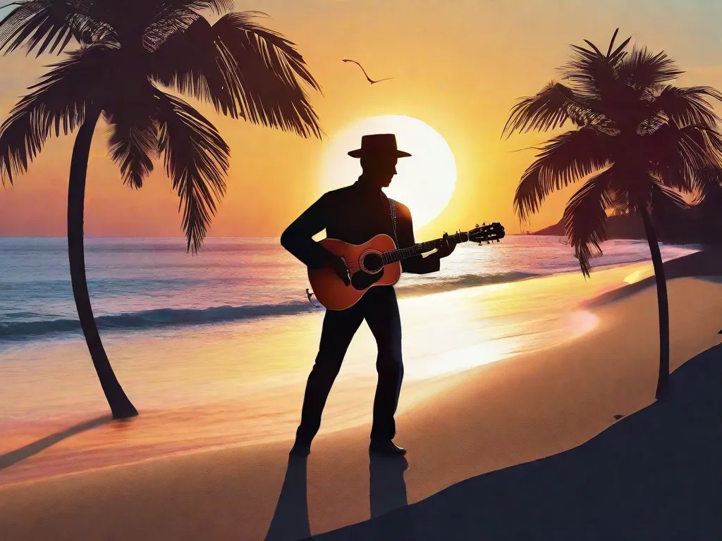 Uma imagem vibrante de um guitarrista dedilhando um ritmo de Bossa Nova em uma praia arenosa, com o sol se pondo ao fundo. A silhueta de palmeiras balançando na brisa adiciona à atmosfera tropical, capturando a essência dos sons suaves e melódicos da Bossa Nova que cativaram audiências em todo o mundo.