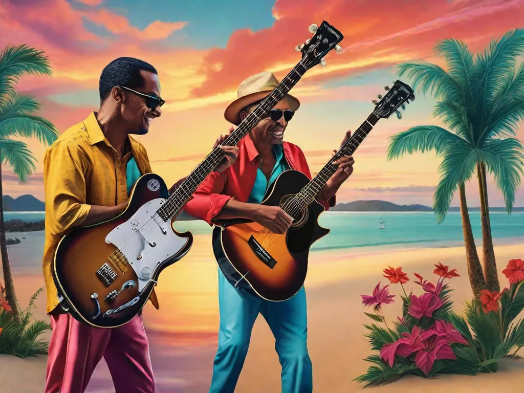 Uma imagem vibrante de músicos tocando diversos instrumentos, com um cenário de palmeiras e uma praia. Os músicos estão imersos nos sons rítmicos e melódicos da Bossa Nova, criando uma atmosfera animada e cativante. A imagem captura a essência desse icônico gênero musical brasileiro e sua influência global.