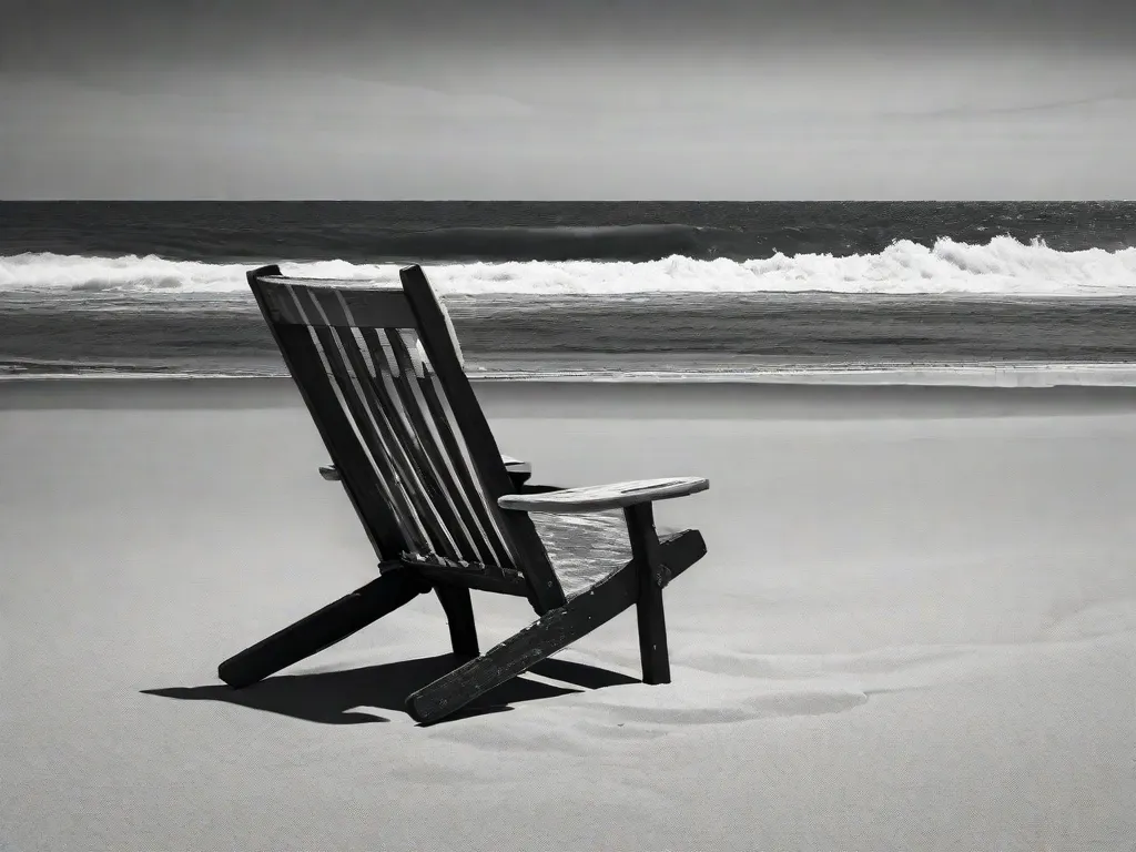 Uma imagem em preto e branco de uma cadeira de madeira desgastada sentada sozinha em uma praia deserta, com as ondas quebrando ao fundo. A cadeira simboliza a ausência e o vazio deixados pela morte de Quincas Berro D'Água, capturando a essência melancólica de sua partida.