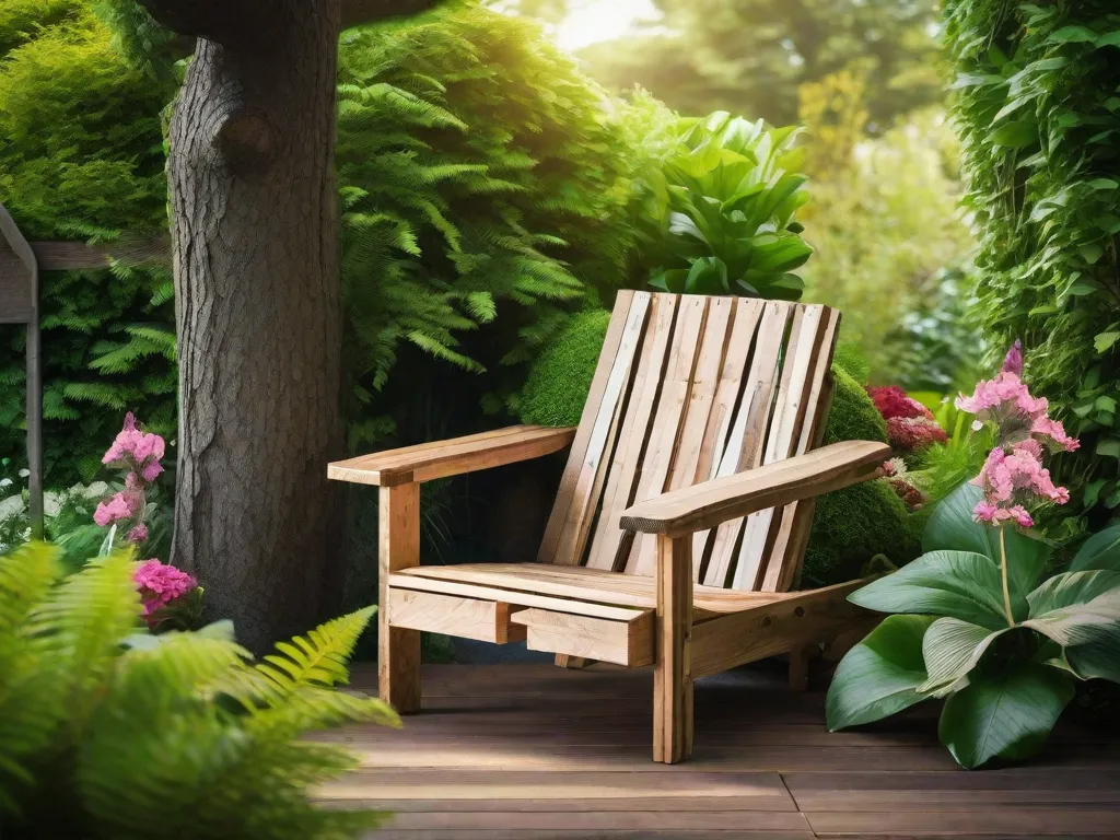 Descrição da imagem: Uma cadeira rústica de madeira feita a partir de paletes reciclados fica orgulhosamente em um jardim exuberante. Sua estrutura robusta é adornada com almofadas macias e uma manta aconchegante, convidando qualquer pessoa a se sentar e relaxar. A textura natural da madeira da cadeira adiciona um toque de calor ao espaço ao ar livre,