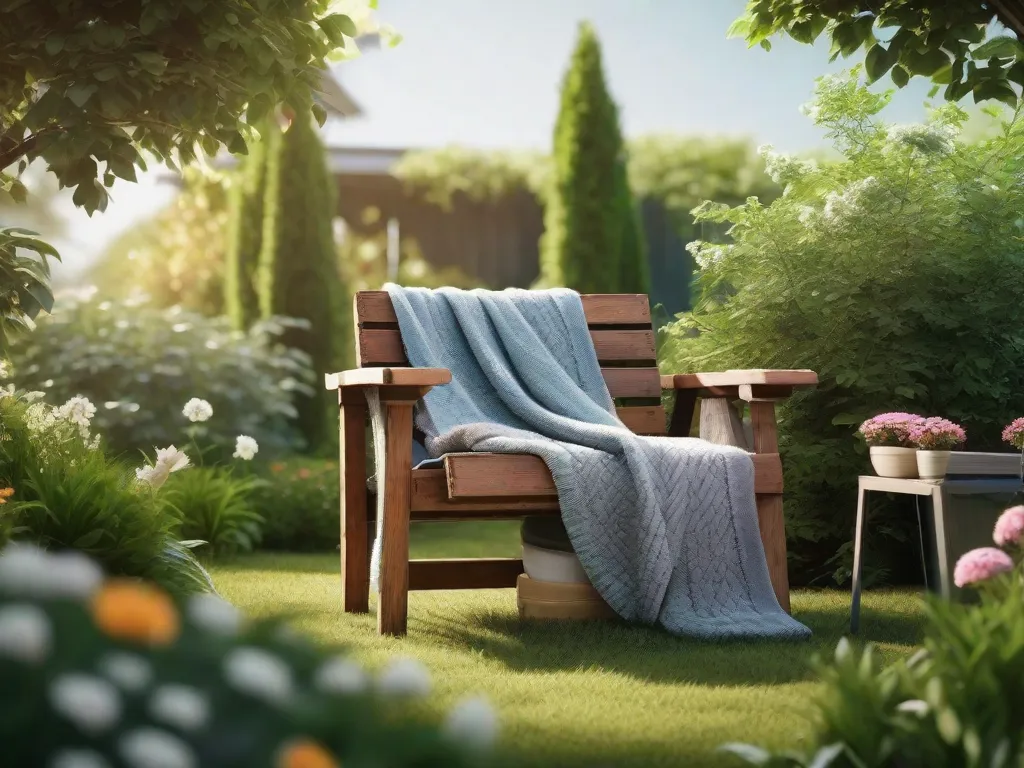 Descrição: Uma cadeira rústica de madeira feita a partir de paletes reciclados, com um confortável assento almofadado e uma manta aconchegante jogada sobre o encosto. A cadeira está colocada em um jardim tranquilo, cercado por plantas verdes exuberantes e flores em flor, criando um local perfeito para relaxamento e descanso.