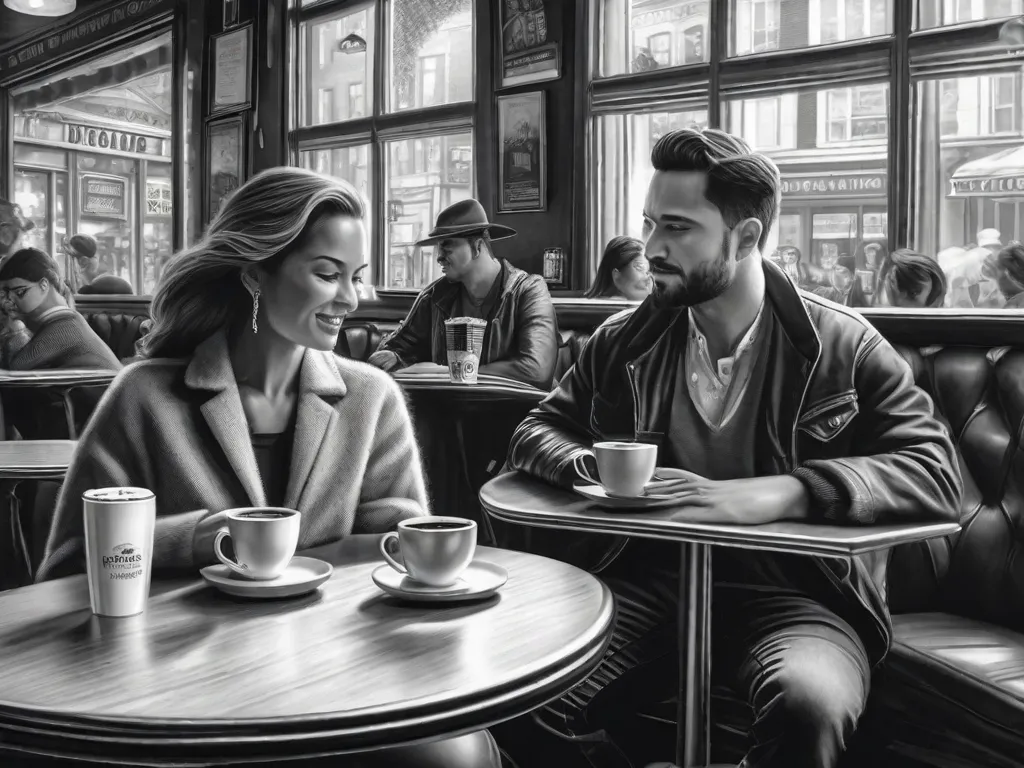 Uma imagem em preto e branco de uma cafeteria aconchegante, com pessoas sentadas em mesas pequenas, absortas em seus livros ou escrevendo em seus diários. A atmosfera é preenchida pelo aroma de café recém-coado e pelo som de música jazz suave tocando ao fundo.