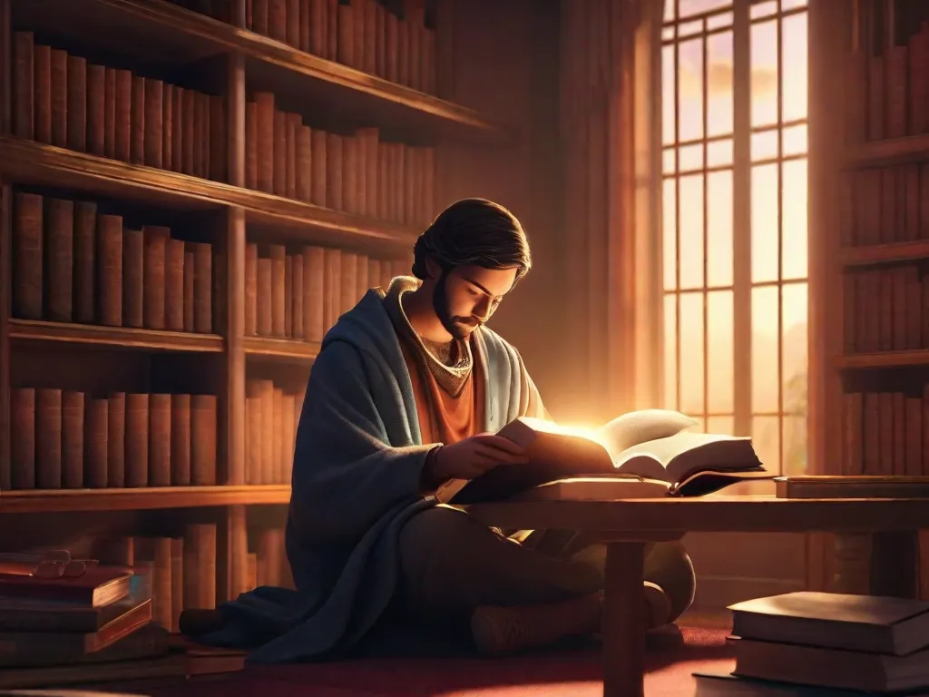 Descrição da imagem: Uma pessoa sentada em um cantinho aconchegante de um quarto, cercada por livros. Ela está segurando uma Bíblia e absorta na leitura, com uma luz suave iluminando as páginas. A atmosfera exala paz e tranquilidade, criando o cenário perfeito para encontrar sabedoria e orientação por meio das leituras bíblicas.