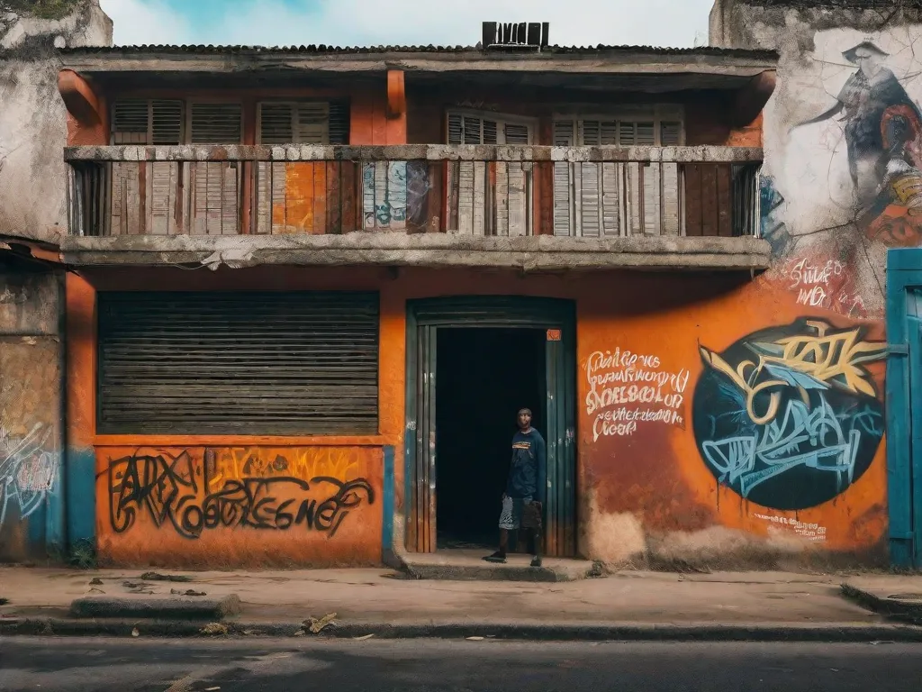 A imagem retrata uma paisagem urbana desgastada, com prédios em ruínas e paredes cobertas de grafites. Na frente, um grupo de meninos jovens, vestidos com roupas rasgadas, se juntam, seus rostos refletindo uma mistura de resistência e vulnerabilidade. Essa imagem captura a dura realidade do contexto social e histórico retratado em 