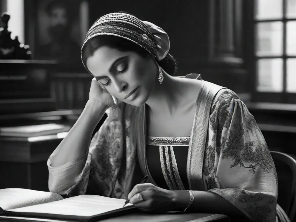 Uma fotografia em preto e branco de Cecília Meireles, uma renomada poetisa brasileira, sentada em uma escrivaninha com uma pena de escrever na mão. A imagem captura sua expressão contemplativa enquanto ela se imerge no mundo das palavras, incorporando a essência da poesia lírica brasileira.