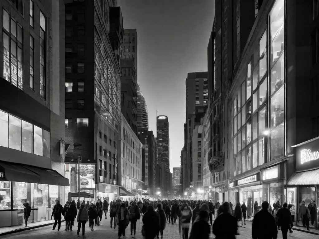 Uma fotografia em preto e branco que mostra os elementos contrastantes do realismo urbano em 