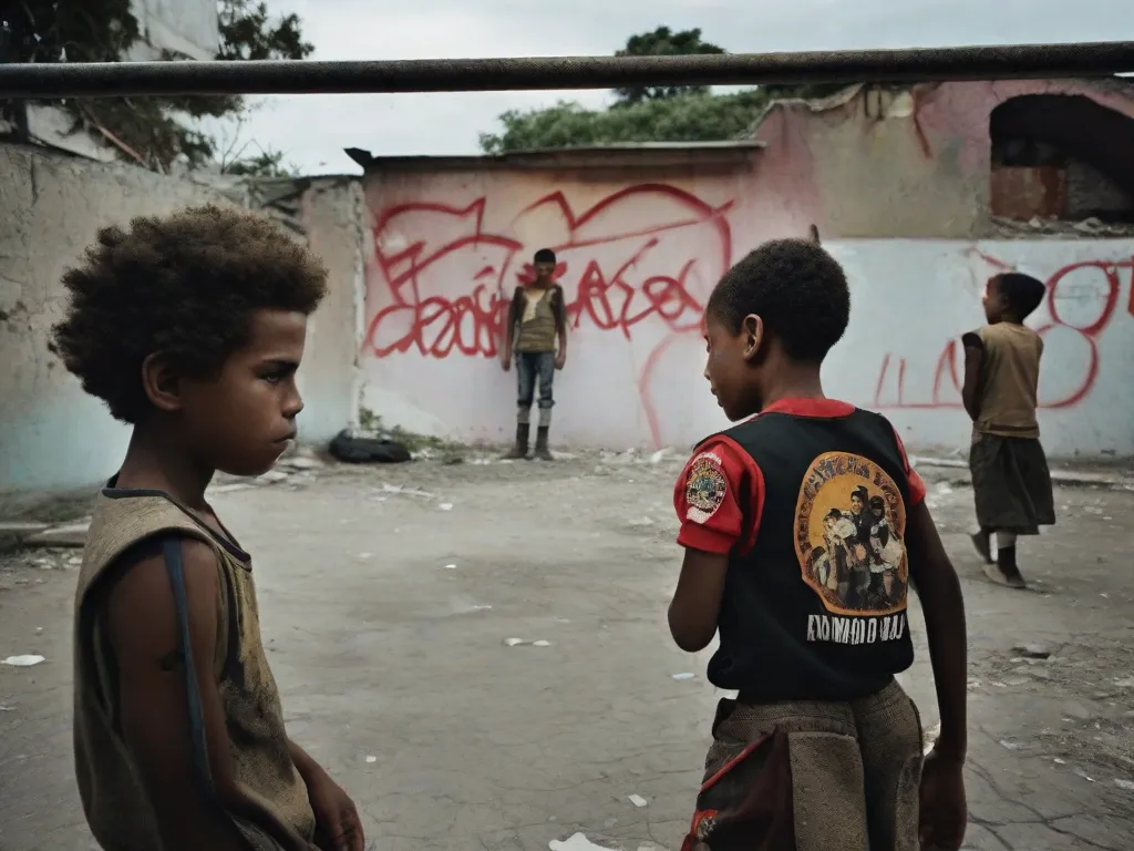 A imagem retrata uma paisagem urbana desgastada, com prédios em ruínas e paredes cobertas de grafites. Na frente, um grupo de meninos jovens, vestidos com roupas rasgadas, se juntam, seus rostos refletindo uma mistura de resistência e vulnerabilidade. Essa imagem captura a dura realidade do contexto social e histórico retratado em 