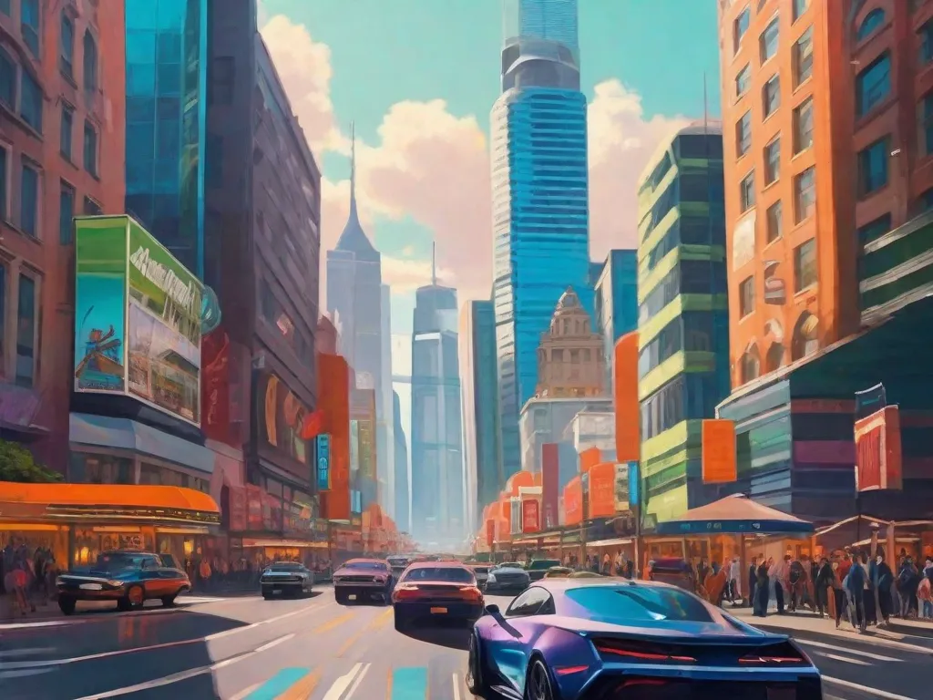 Uma imagem de uma cidade movimentada, com arranha-céus imponentes se elevando em direção ao céu. As ruas estão cheias de carros em alta velocidade, e pessoas elegantemente vestidas podem ser vistas caminhando rapidamente. As cores vibrantes e a composição dinâmica capturam a essência da modernidade retratada em 