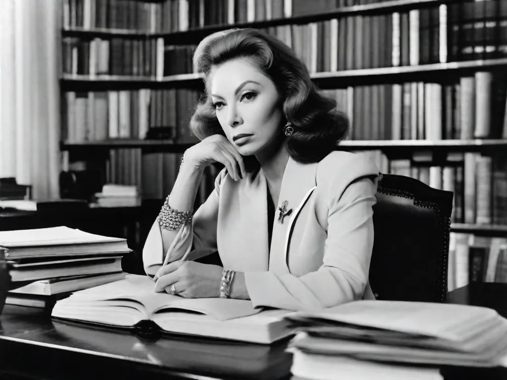 Uma fotografia em preto e branco captura Clarice Lispector, uma renomada escritora brasileira, sentada em sua mesa, cercada por livros e papéis. Seu olhar intenso reflete sua profunda conexão com a palavra escrita, enquanto sua postura serena exala força e resiliência, incorporando a essência da feminilidade na literatura.
