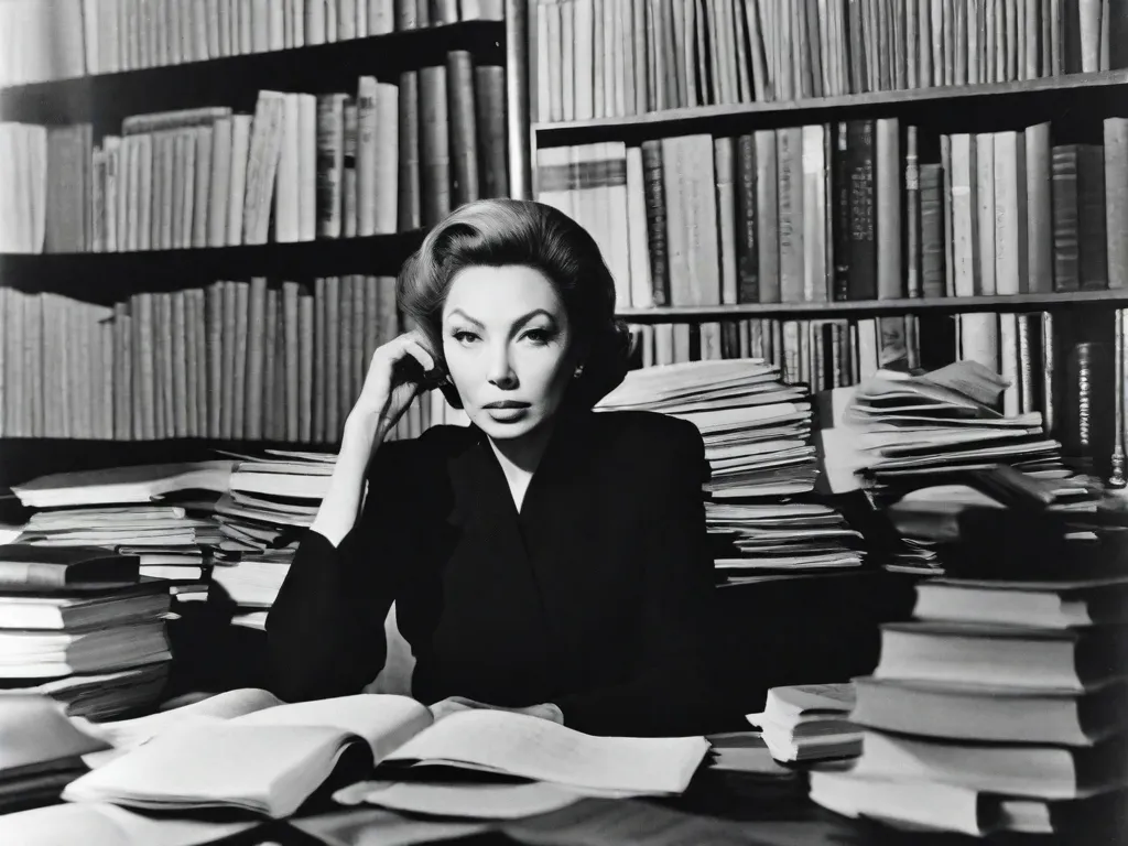 Uma fotografia em preto e branco de Clarice Lispector sentada à sua mesa, cercada por pilhas de livros e papéis. Ela está imersa em pensamentos, caneta na mão, enquanto contempla as complexidades da experiência feminina em sua escrita. A imagem captura sua destreza intelectual e o poder de suas palavras.