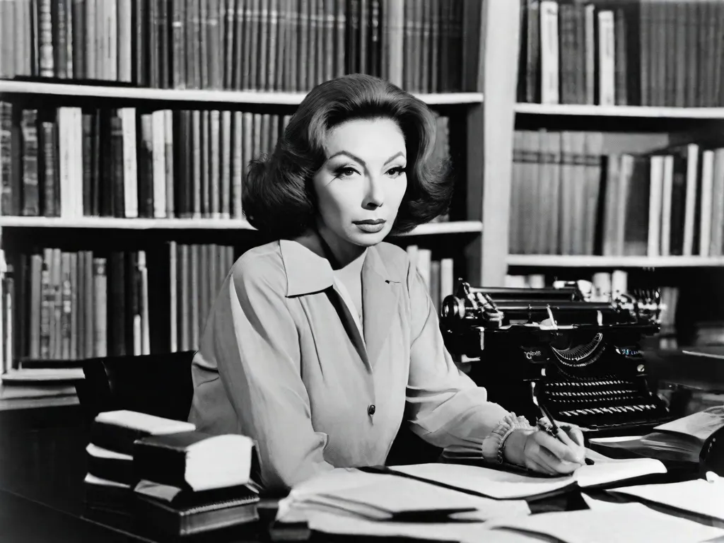 Uma fotografia em preto e branco de Clarice Lispector sentada em sua escrivaninha, cercada por livros e papéis. Seu olhar intenso está fixo na câmera, capturando a essência de sua presença enigmática e poderosa como escritora. A imagem incorpora sua profunda conexão com a experiência feminina e sua habilidade de dar voz ao não dito.