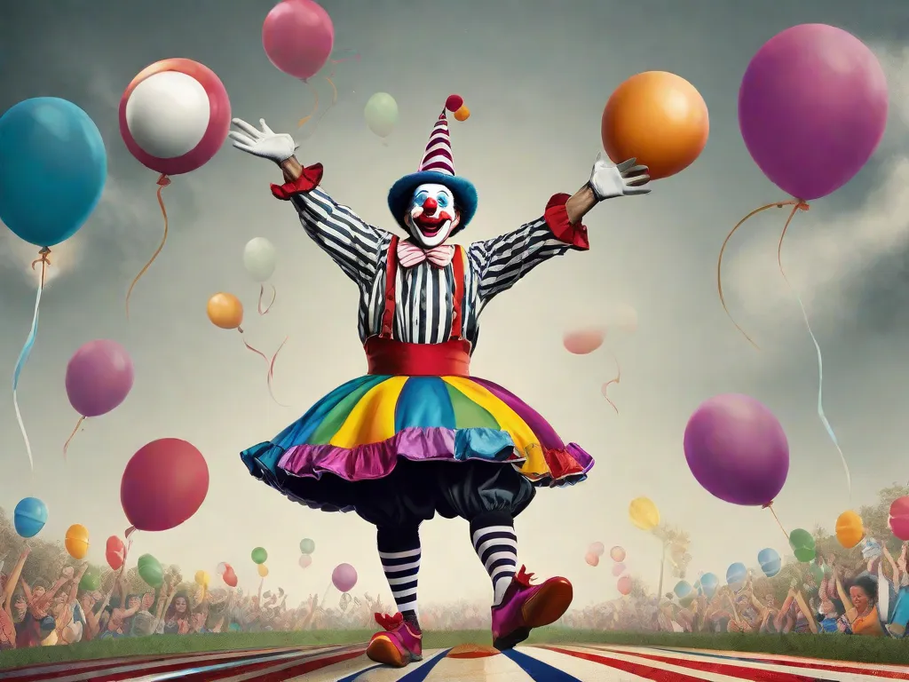 Uma imagem em preto e branco de um palhaço com um sorriso travesso, usando um chapéu colorido e sapatos grandes. Ele está malabarizando vários objetos no ar, enquanto a plateia é vista rindo e aplaudindo ao fundo. A imagem captura o espírito brincalhão e humorístico de 