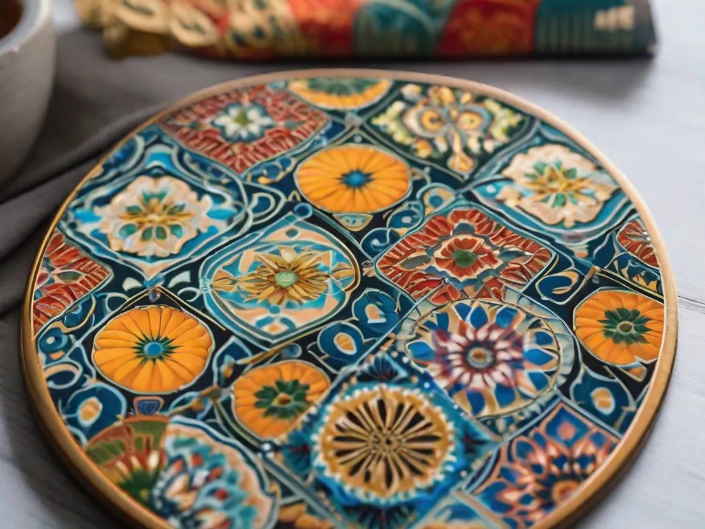 Descrição: Uma imagem em close-up de um porta-copos feito em casa, feito de azulejos de cerâmica coloridos. Os azulejos estão arranjados de forma organizada em um padrão geométrico, formando uma base resistente e visualmente atraente para segurar bebidas. As cores vibrantes e o design intricado adicionam um toque de elegância a qualquer mesa.