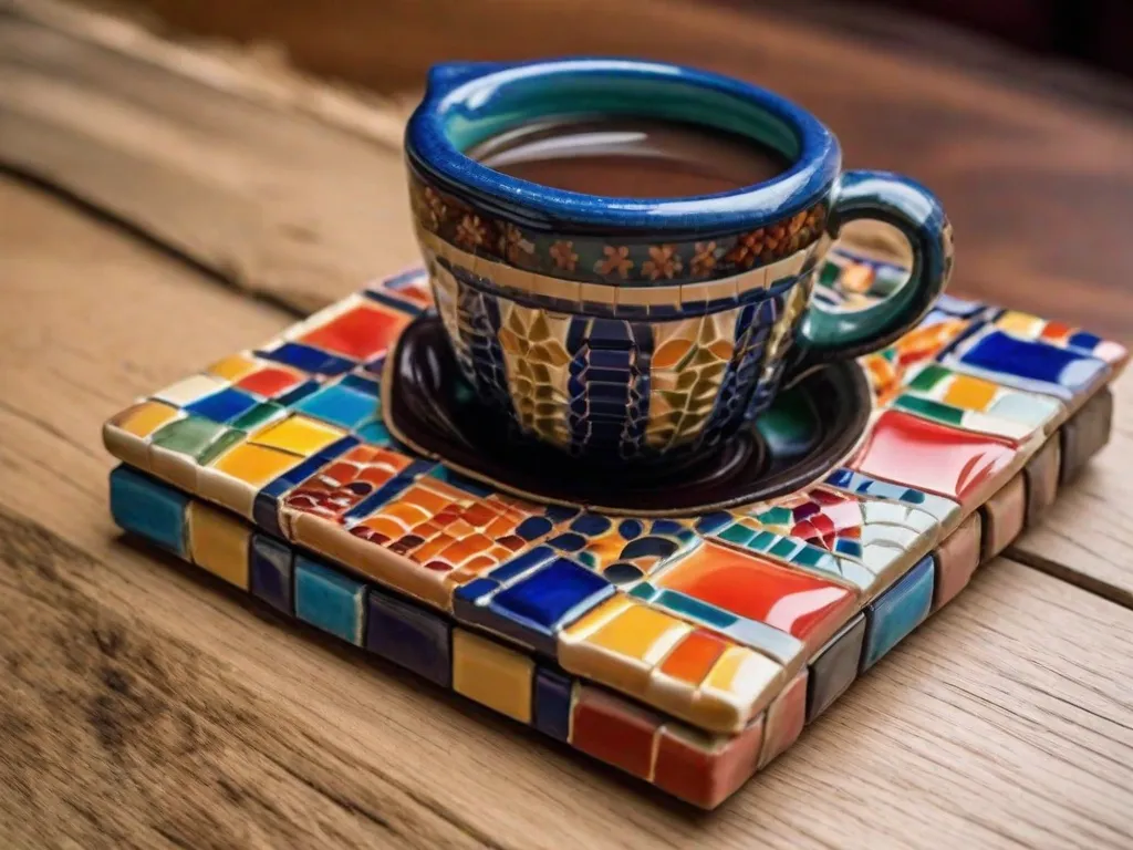 Uma imagem em close-up de um porta-copos feito à mão com azulejos cerâmicos coloridos. Os azulejos estão dispostos em um padrão de mosaico, criando um design chamativo e único. O porta-copos está colocado em uma mesa de madeira, adicionando um toque rústico à estética geral.