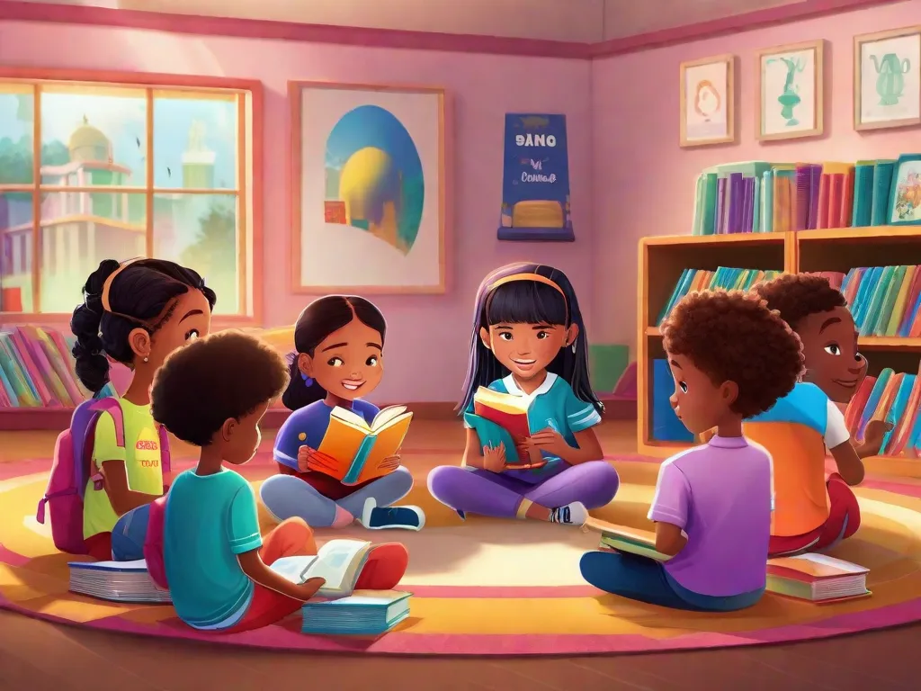 Descrição da imagem: Um grupo de alunos da segunda série sentados em círculo, absortos na leitura de livros. Cada criança segura um livro diferente, mostrando seus interesses individuais. A sala de aula está cheia de cartazes coloridos e prateleiras cheias de livros, criando um ambiente de aprendizado vibrante e convidativo.