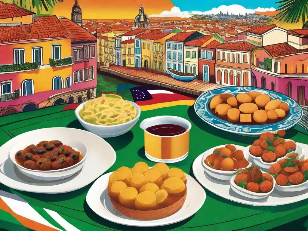Uma imagem vibrante mostra uma fusão colorida da cultura portuguesa e brasileira. No primeiro plano, uma mesa está posta com pratos tradicionais portugueses como bacalhau e pastéis de nata, ao lado de iguarias brasileiras como feijoada e coxinha. Ao fundo, marcos icônicos de ambos os países se entrelaçam, simbolizando o rico intercâmbio cultural