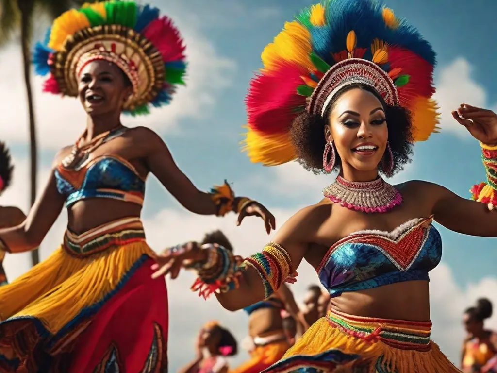 Uma imagem de uma vibrante apresentação de dança afro-brasileira, com dançarinos vestidos com trajes tradicionais coloridos, se movendo graciosamente ao ritmo dos tambores. A energia e paixão em seus movimentos refletem a rica herança cultural da religião, música e artes afro-brasileiras.