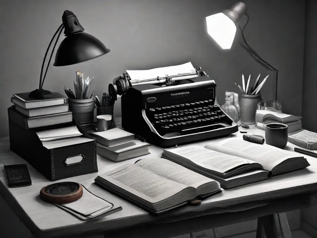 Uma imagem em preto e branco de uma mesa bagunçada com uma máquina de escrever, uma pilha de livros e papéis espalhados. A cena captura a essência da vida diária de Luis Fernando Verissimo como escritor, imerso em seu processo criativo e cercado pelas ferramentas de seu ofício.